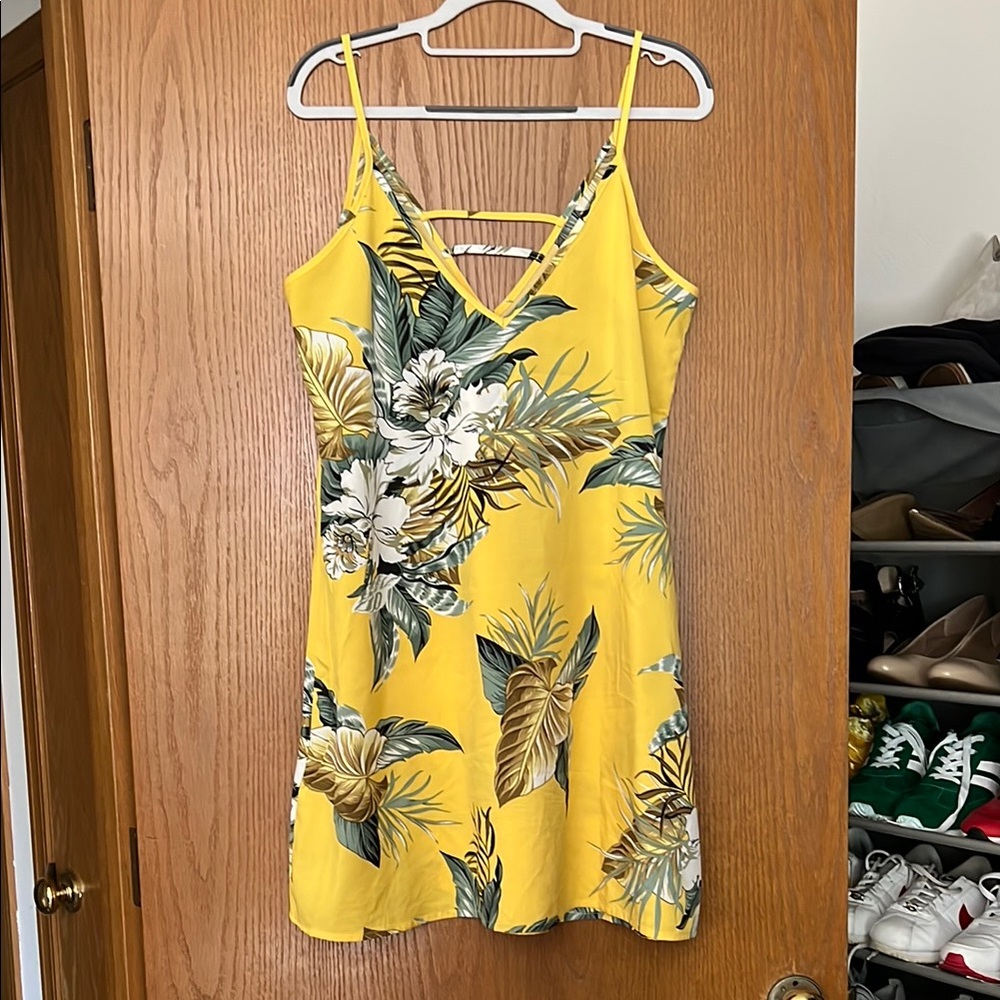 Yellow Gray Mini Sundress with Spaghetti Straps